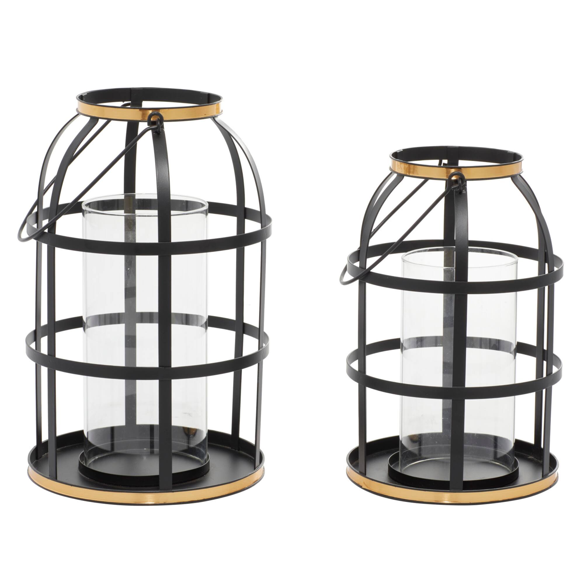 Set of 2" Black Metal Industrial Lantern , 14", 12"